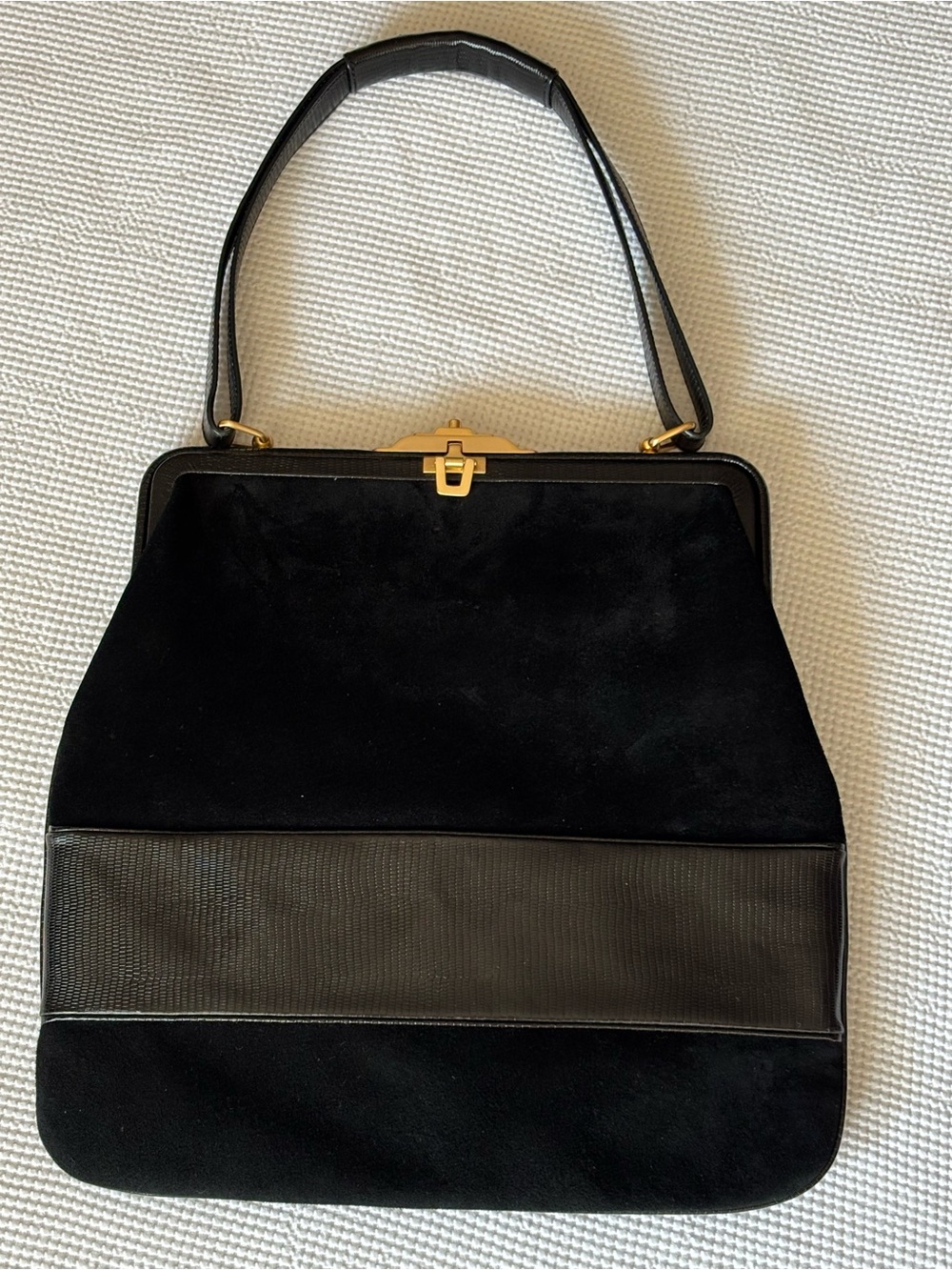 Via Spiga Black Suede & Leather Shoulder Bag with Gold Hardware